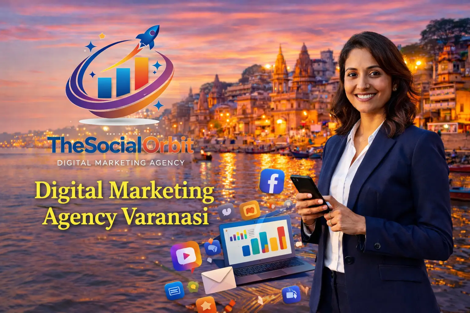 Digital Marketing Agency Varanasi banner with TheSocialOrbit logo, colorful realistic marketing