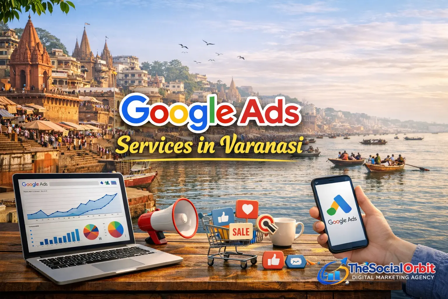 Google Ads Services in Varanasi banner with digital marketing tools and TheSocialOrbit