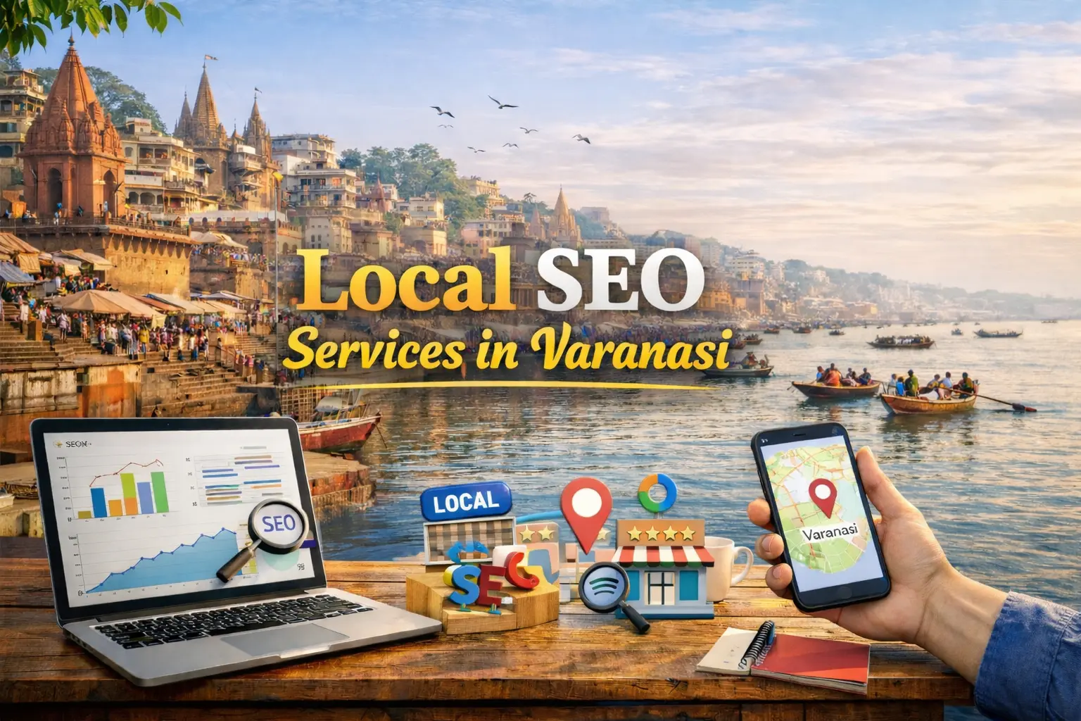 Local SEO Services in Varanasi banner with SEO analytics, business location map pin, and digital marketing tools