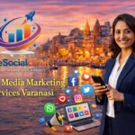 Social Media Marketing Services Varanasi banner with TheSocialOrbit logo and colorful social media marketing concept