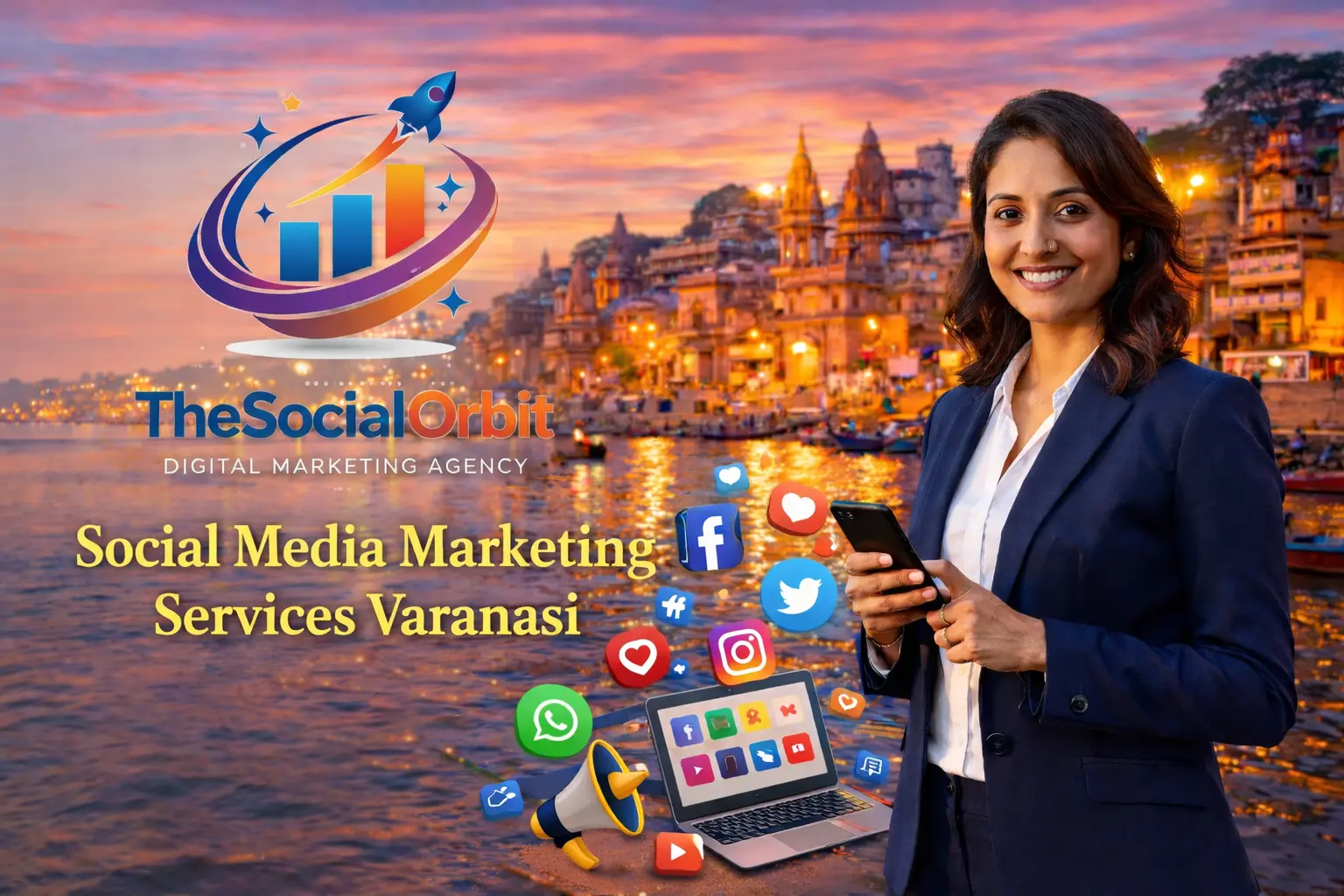 Social Media Marketing Services Varanasi banner with TheSocialOrbit logo and colorful social media marketing concept